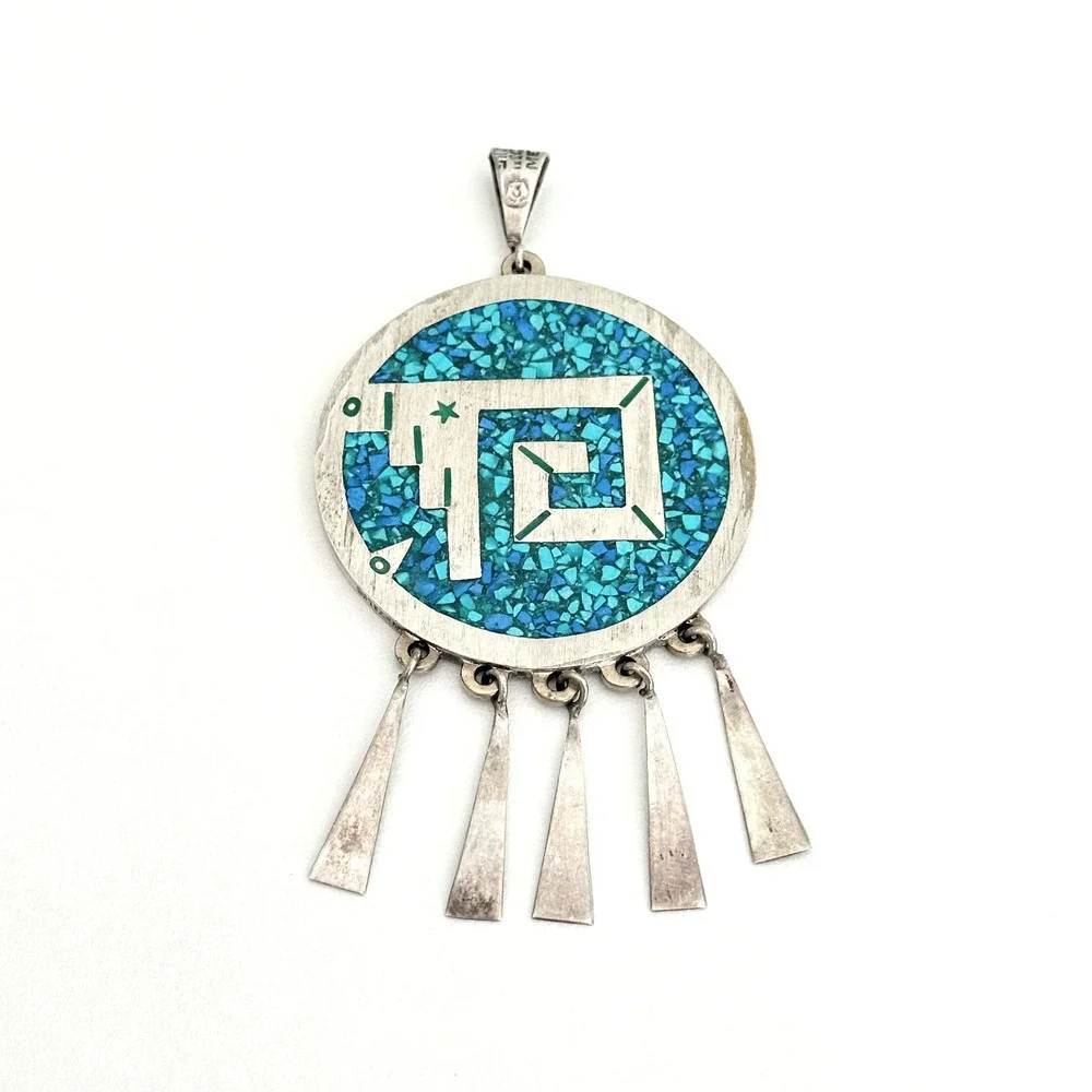 Vintage Taxco Mexico Sterling Turquoise Onyx Heavy Medallion Reversible Pendant
